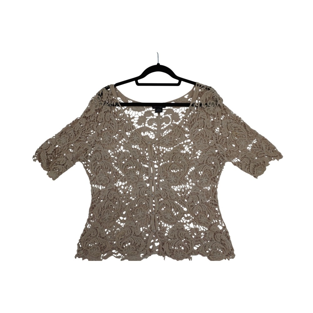 Questions by Say What? Beige Cotton Crochet Lace Cardigan Top V-Neck Large